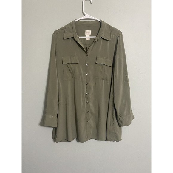 Chico's 100% Rayon PETITE Size 2 Green Roll Tab Sleeve Button Up Top Tunic - Picture 1 of 7